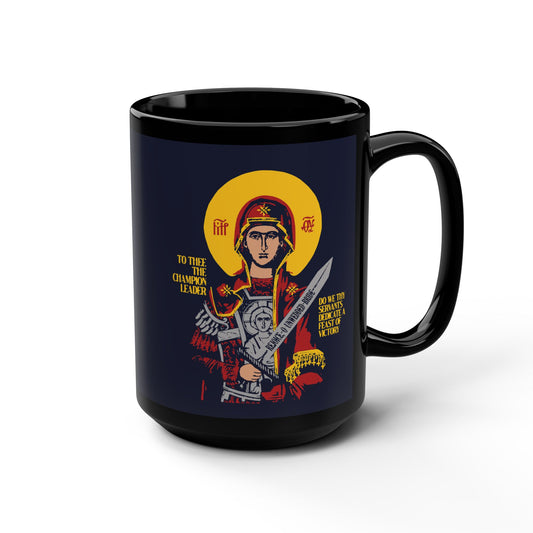 To Thee the Champion Leader | Mother of God | Theotokos with Sword IconoGraphic | Orthodox Christian Black Mug