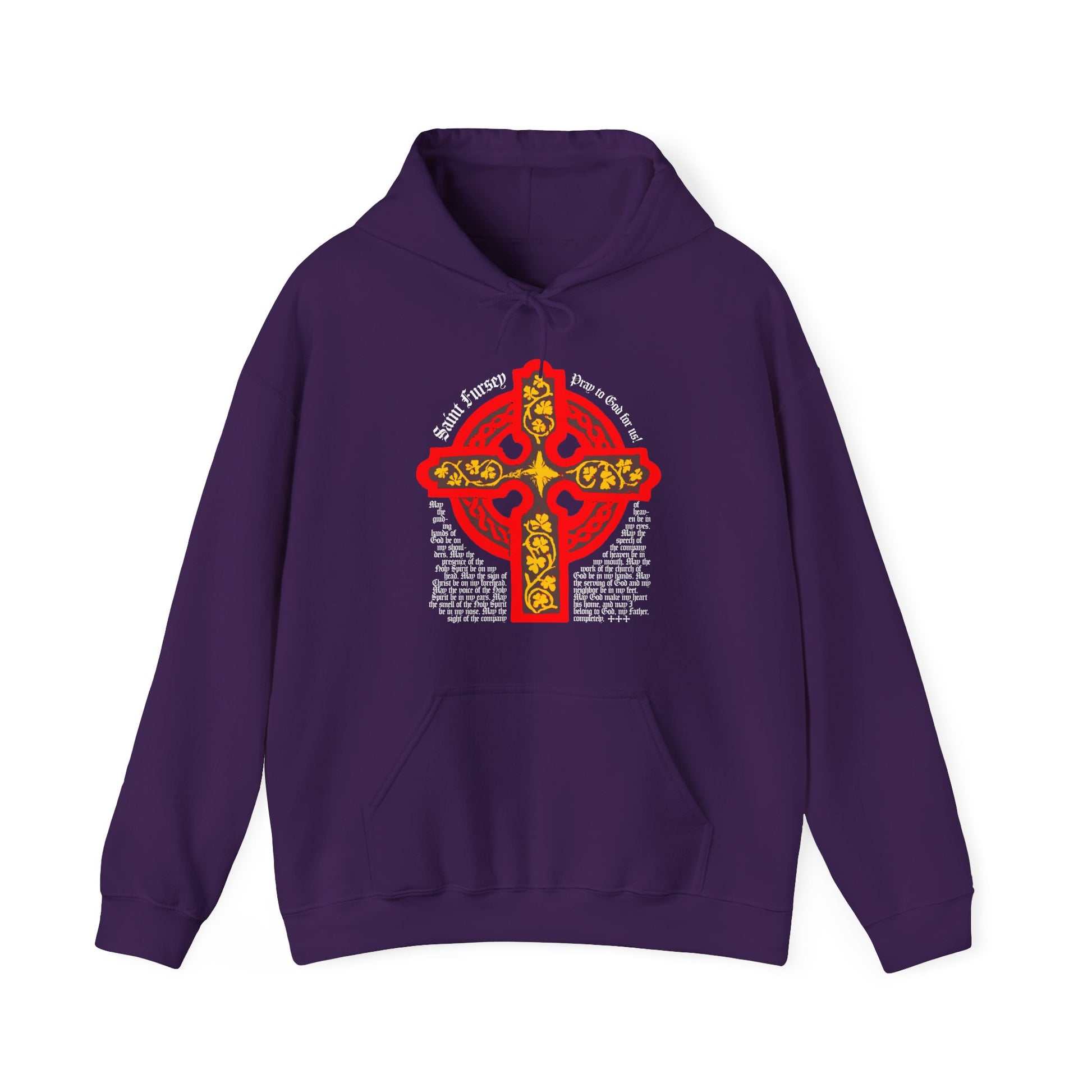Purple Lorica Shield Prayer of St Fursey hoodie featuring a red and yellow Celtic cross and white text inspired by Prayers from the Ancient Celtic Church on the front.
