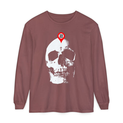Brick long-sleeve "You Will Be Here Maps Marker on Skull" design with a white skull and red pin on the forehead. Features Memento Mori message: "What You Are I Once Was | Remember You Will Die.
