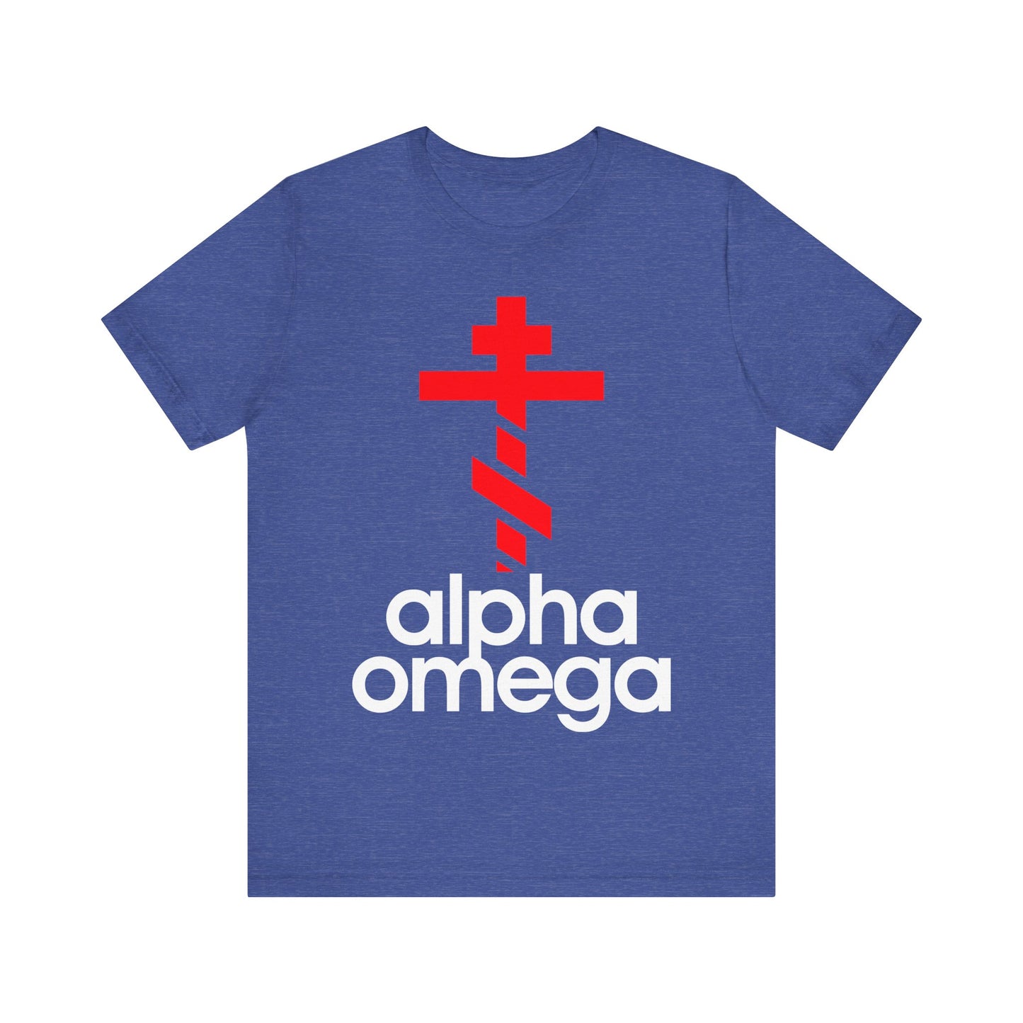 Alpha & Omega Red Orthodox Cross (Large Design) | Minimalist Adidas Inspired Logo Mashup | Orthodox Lightweight Cotton Unisex Tee