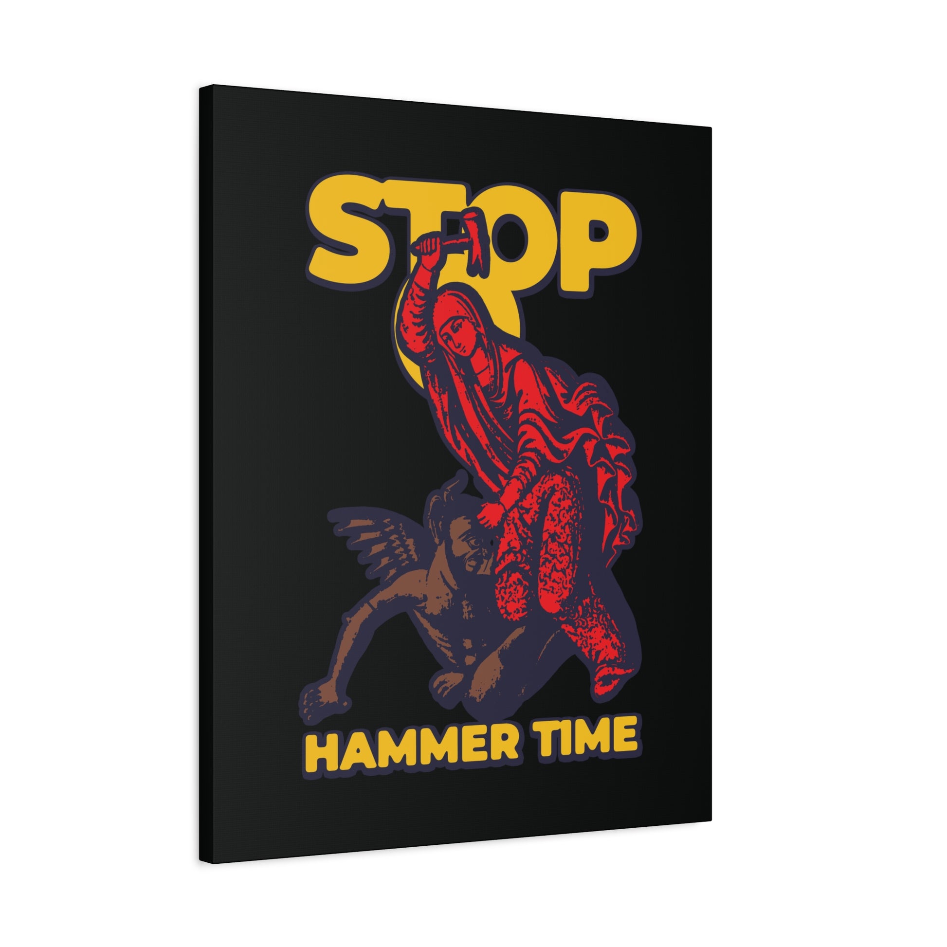 Modern Orthodox meme art: St Marina of Antioch beating the devil with a hammer, red, blue, and yellow design with "STOP, HAMMER TIME" text—Christian wall art inspired by her dramatic saintly tales.