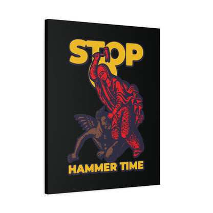Modern Orthodox meme art: St Marina of Antioch beating the devil with a hammer, red, blue, and yellow design with "STOP, HAMMER TIME" text—Christian wall art inspired by her dramatic saintly tales.