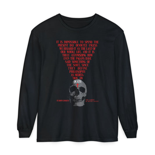 Black long-sleeve "The Present Day As the Last Day of Our Life" shirt features a skull with a red Orthodox cross, inspired by St John Climacus—an Orthodox Christian meditation on mortality.