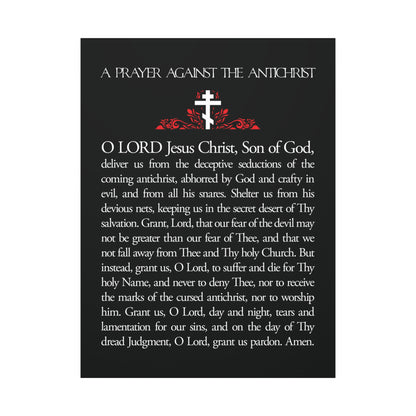 The "Prayer Against the Antichrist By Elder Anatoly the Younger of Optina" Orthodox wall art features a red cross and ornate text on black, inspired by the Book of Revelation—Christ is King.