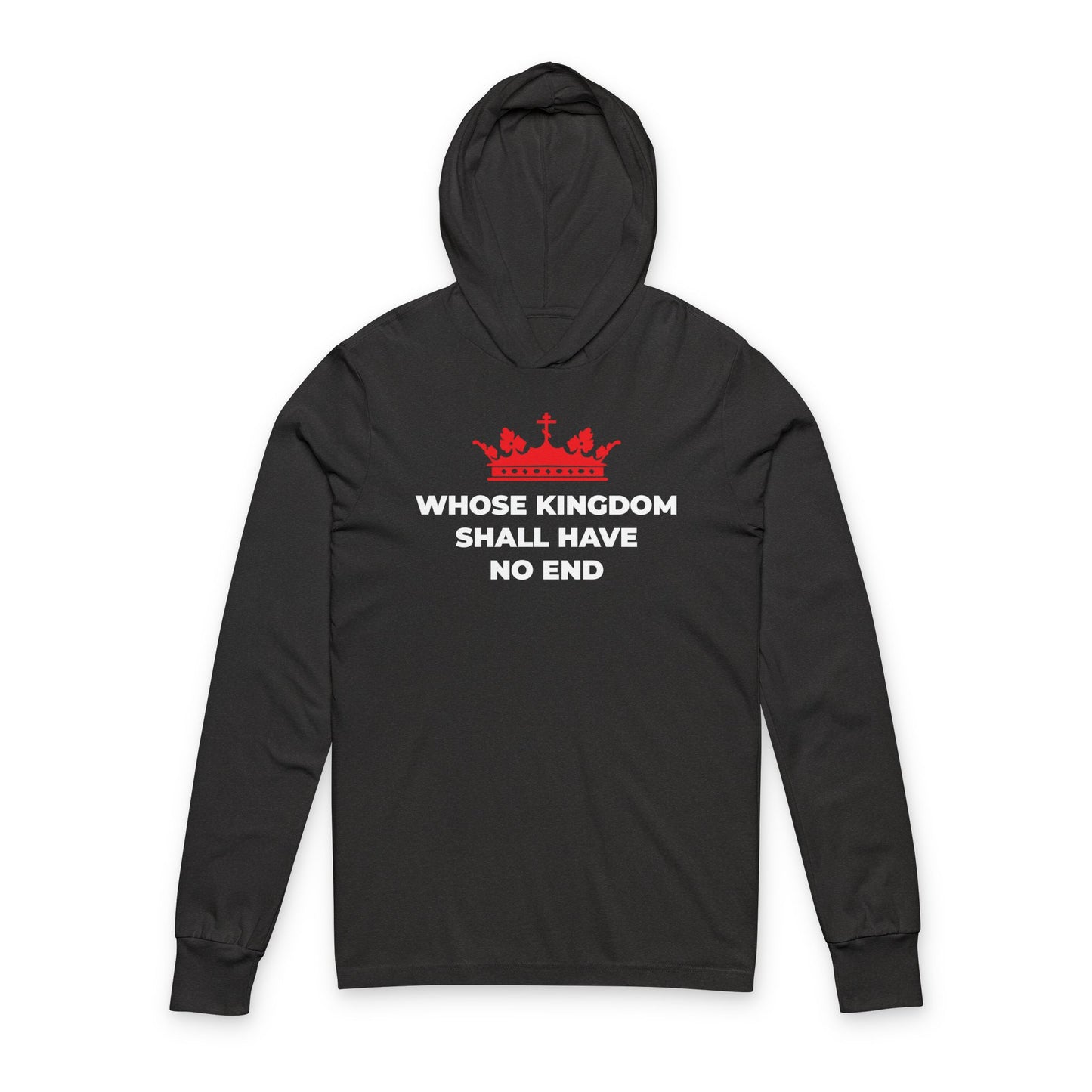 Charcoal Black TriBlend long-sleeve hooded shirt with a red Orthodox cross crown graphic and "WHOSE KINGDOM SHALL HAVE NO END," inspired by the Nicene Creed and Christian eschatology.