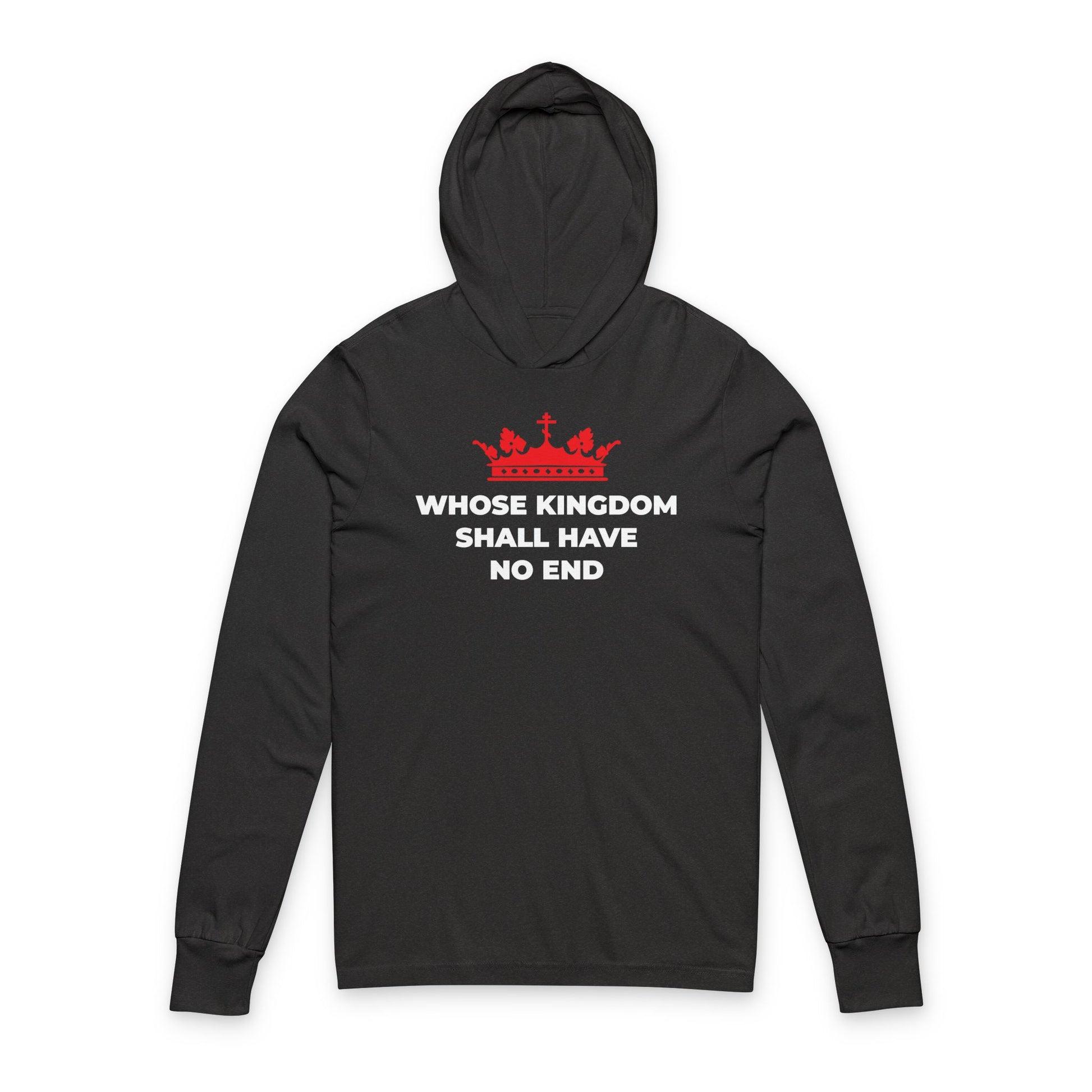 Charcoal Black TriBlend long-sleeve hooded shirt with a red Orthodox cross crown graphic and "WHOSE KINGDOM SHALL HAVE NO END," inspired by the Nicene Creed and Christian eschatology.