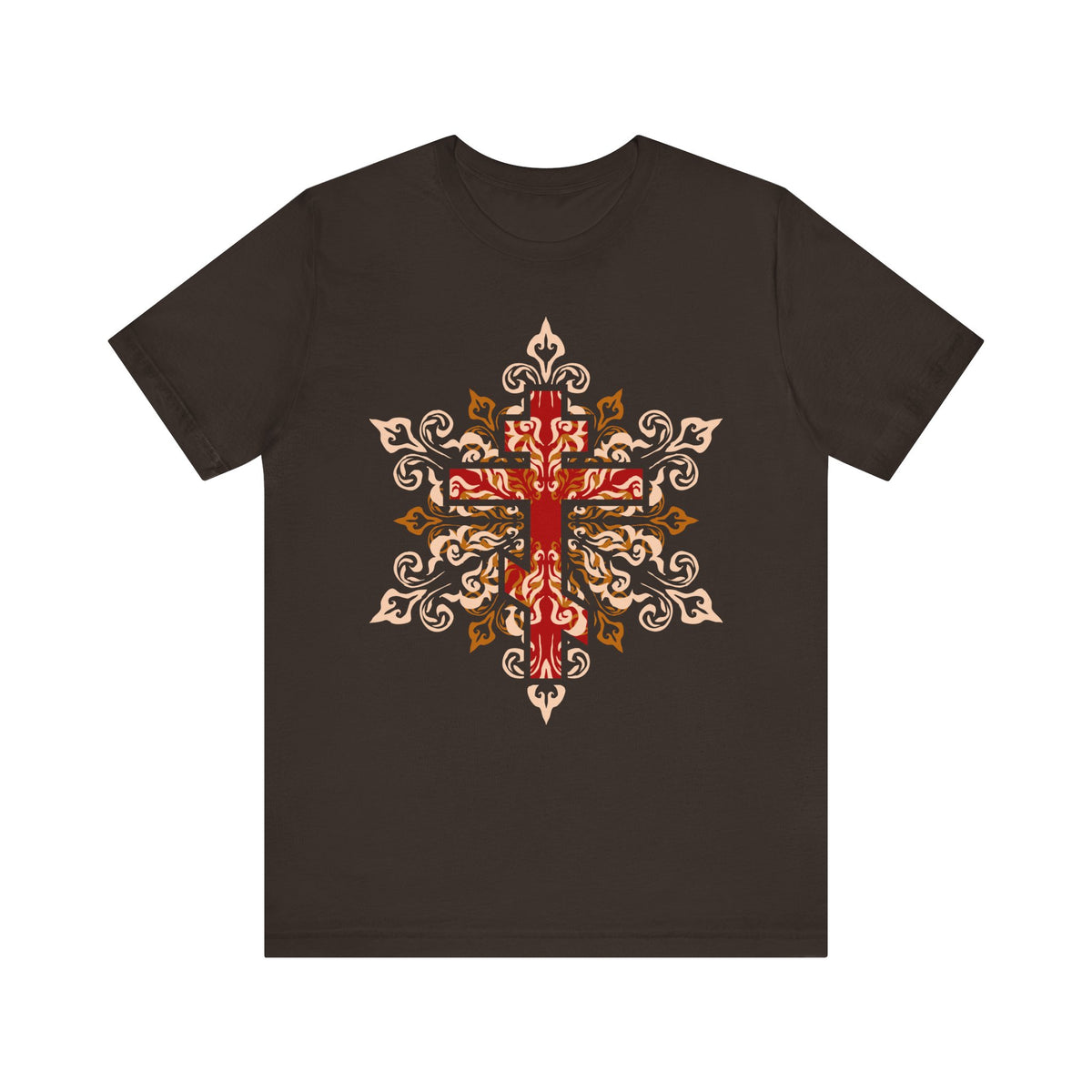 Brown lightweight cotton unisex tee featuring an ornate red, beige, and orange Orthodox cross with a floral mandala design centered on the front; inscribed with "Glory to Thy Precious and Life-Giving Cross, O Lord.
