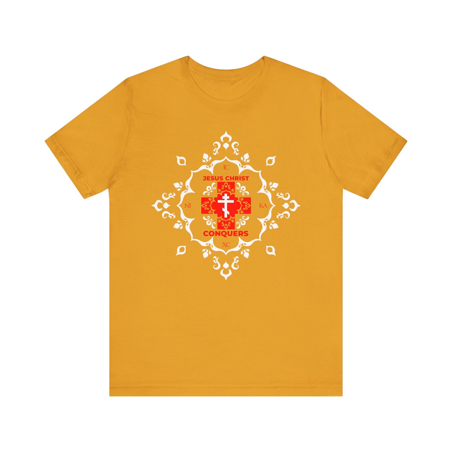 Featuring a lightweight mustard cotton unisex tee, the ICXC NIKA design showcases a white Orthodox cross in medieval filigree with striking red modern lettering reading "Jesus Christ Conquers"—a bold testament to victory over sin, inspired by the teachings of St. John Chrysostom.