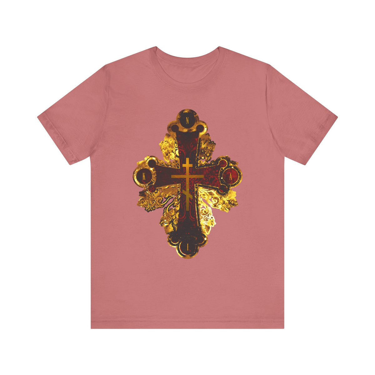 Mauve lightweight cotton unisex t-shirt featuring an ornate metallic-style Orthodox NIKA Cross in red and gold texture centered on the front, inspired by elegant Orthodox Christian design traditions.