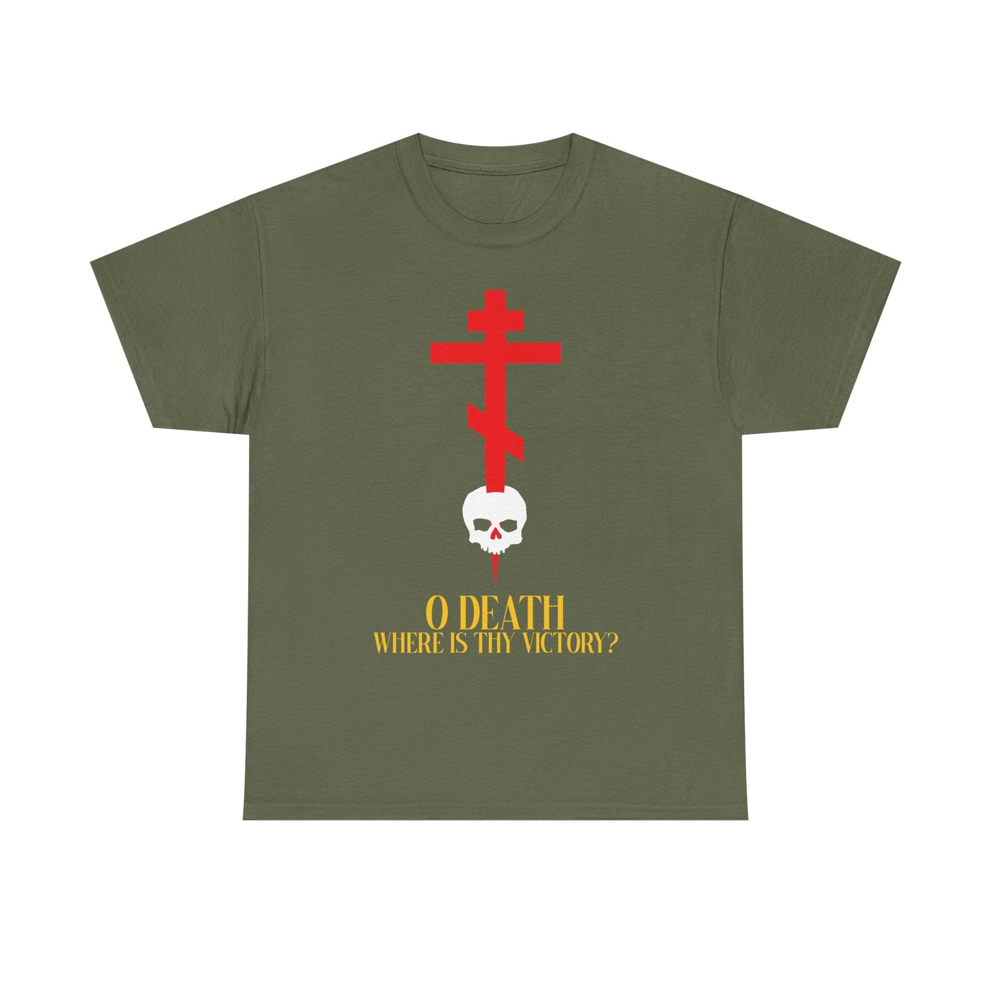 O Death Where is Thy Victory? (1 Corinthians 15:55) | Cross Stabbing Skull | Jesus Christ is King | Orthodox Midweight Cotton Unisex Tee