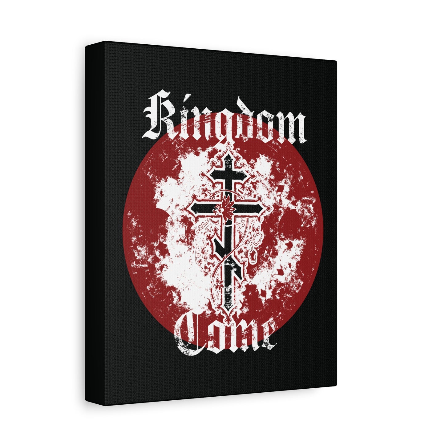 The "Kingdom Come | Lord's Prayer" canvas features an Orthodox cross with vine, Gothic font, and a distressed red and white circle—echoing the prayerful call, "Thy Kingdom come," in striking Orthodox Christian art.