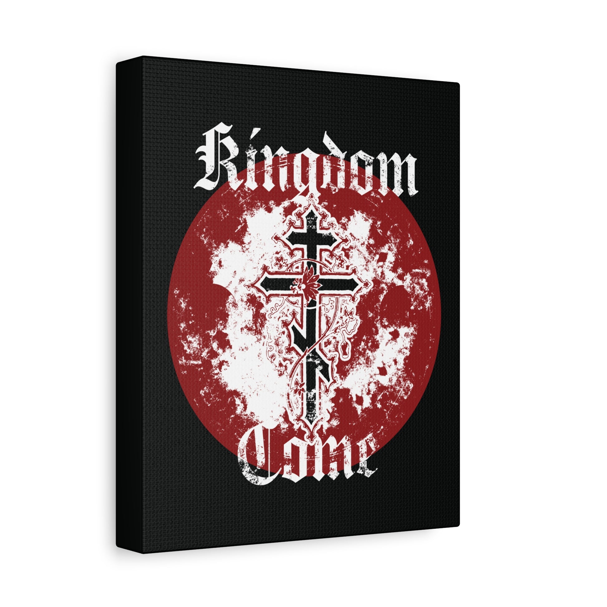 The "Kingdom Come | Lord's Prayer" canvas features an Orthodox cross with vine, Gothic font, and a distressed red and white circle—echoing the prayerful call, "Thy Kingdom come," in striking Orthodox Christian art.