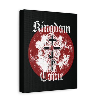 The "Kingdom Come | Lord's Prayer" canvas features an Orthodox cross with vine, Gothic font, and a distressed red and white circle—echoing the prayerful call, "Thy Kingdom come," in striking Orthodox Christian art.