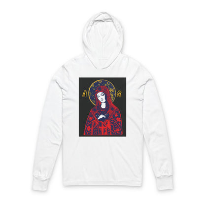Joy of All Joys Tenderness Theotokos Iconographic Based on Traditional Orthodox Iconography | Red Design | Orthodox Long Sleeve Hooded Shirt