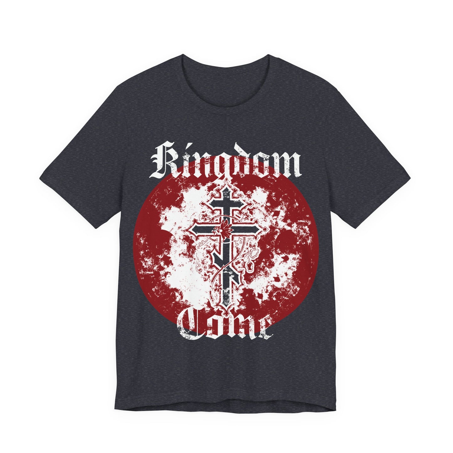 Heather navy unisex cotton t-shirt featuring "Kingdom Come" text, a grunge red circle with a stylized Orthodox cross and vine—an inspired nod to “Thy Kingdom come” from the Lord’s Prayer.