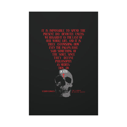 A skull with a red Orthodox cross on black, paired with the quote "The Present Day As the Last Day of Our Life" from St John Climacus. Memento Mori Orthodox canvas wall art.