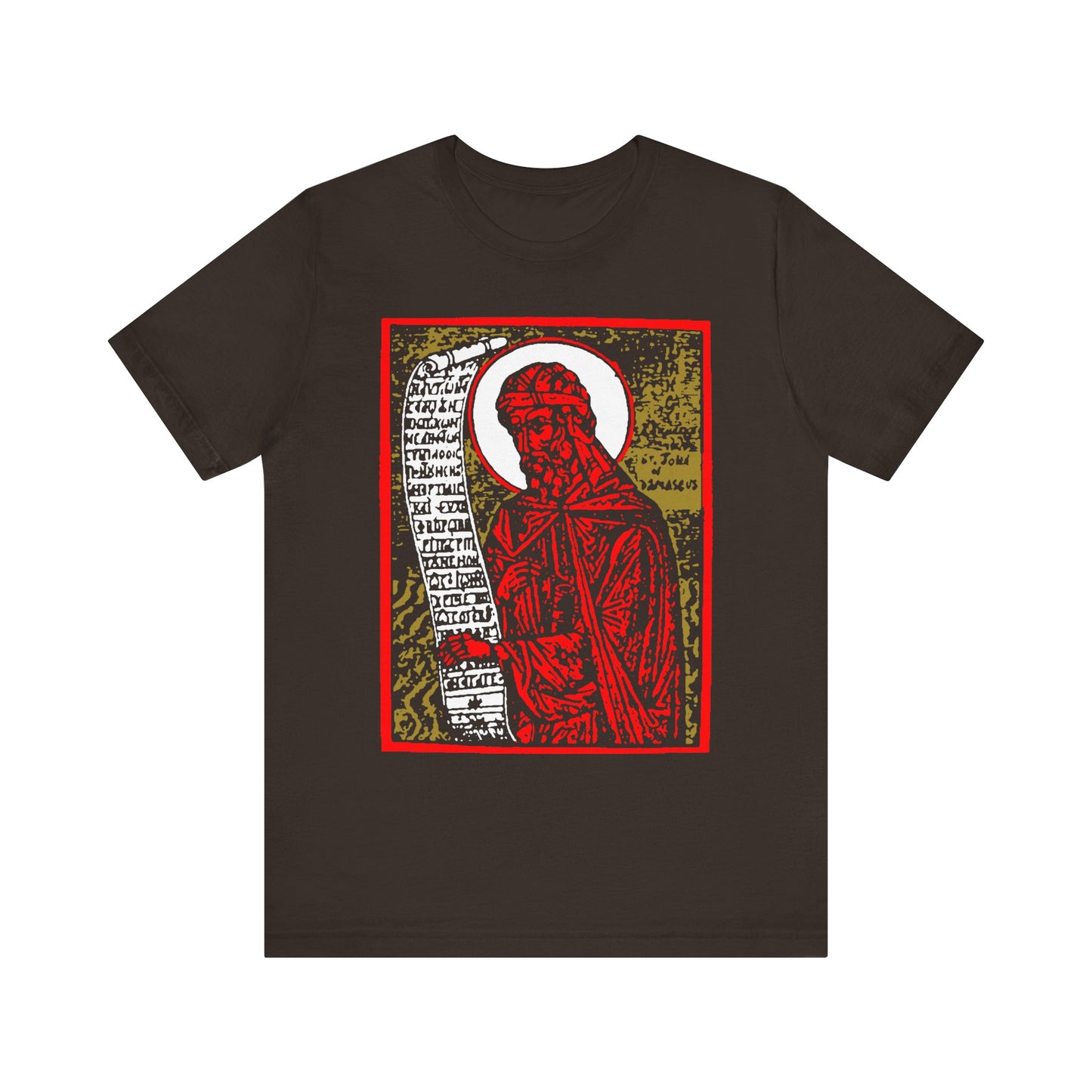 St. John of Damascus Icono-Graphic | Orthodox Christian Saint | Red Gold & Black High Contrast Design | Lightweight Cotton Unisex Tee