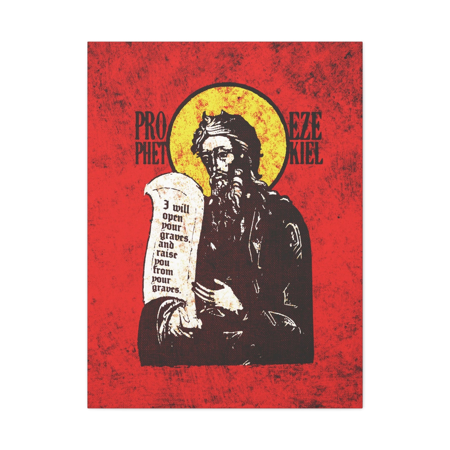 Prophet Ezekiel IconoGraphic | Textured, High Contrast Bright Red and Yellow Design | Old Testament | Orthodox Christian Canvas Art