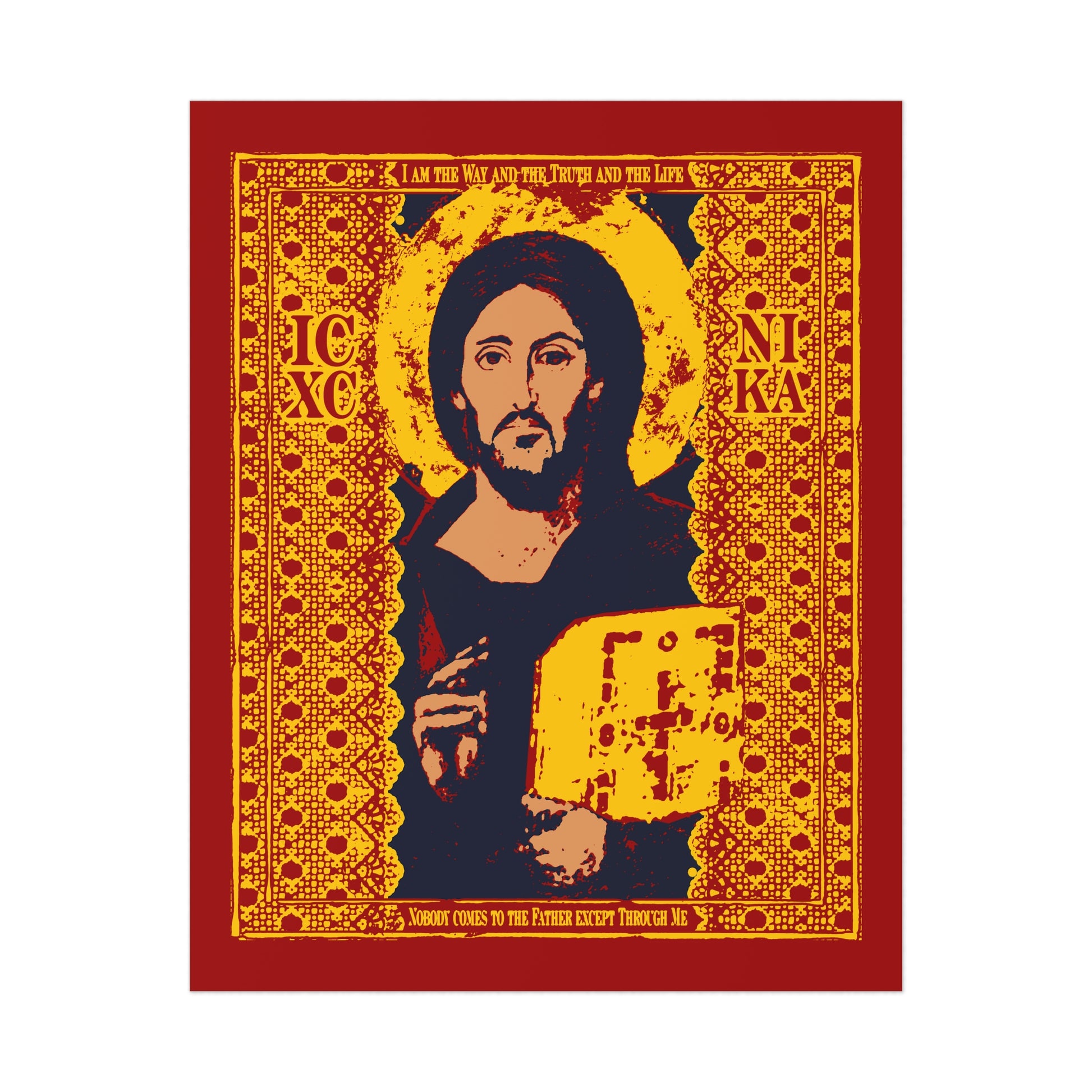 The Jesus Christ Sinai Pantocrator IconoGraphic poster features ICXC NIKA and “I am the Way” from John 14:6, with a yellow, red, and blue Orthodox Christian design.