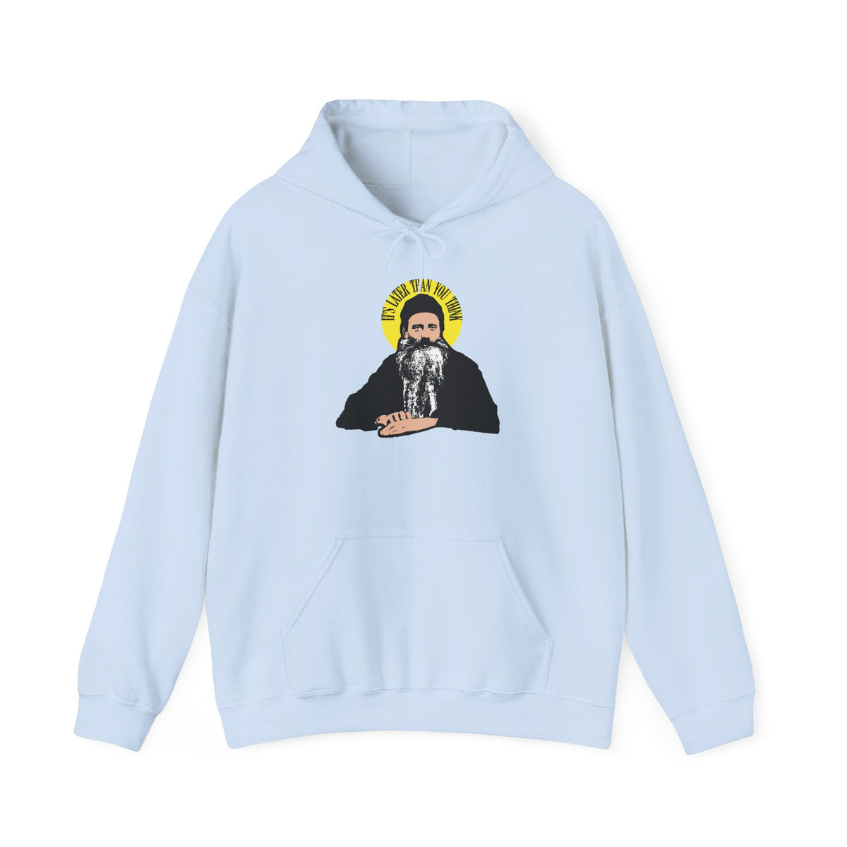 Light blue “It’s Later Than You Think” hoodie featuring an illustrated figure with a yellow halo, inspired by Fr Seraphim Rose—a modern American Orthodox Christian saint. The design evokes fearsome angels, with “YOU MATTER YA WRINKLED SACK” printed above.
