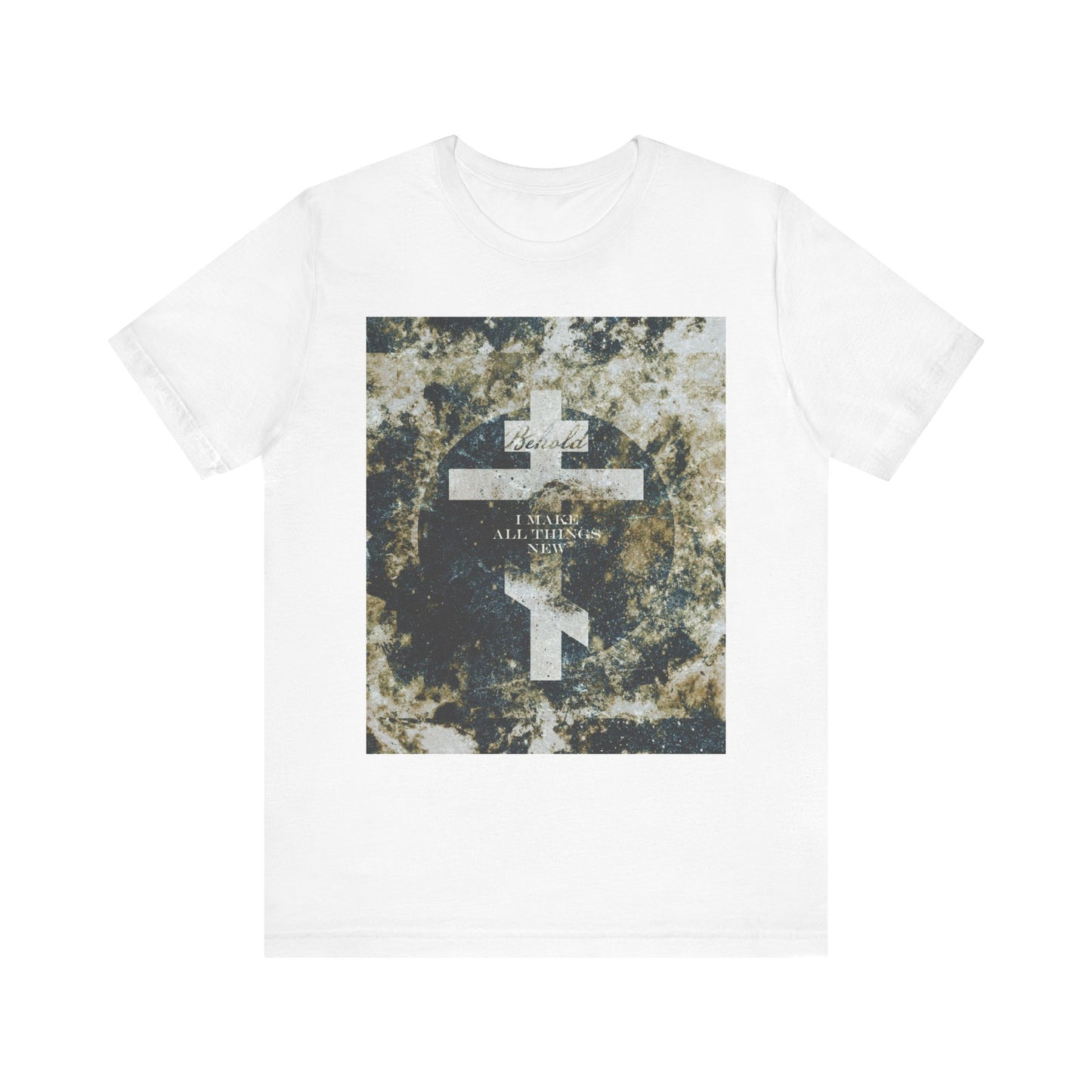 White “Behold, I Make All Things New” unisex tee featuring a cosmic textured Orthodox cross—lightweight cotton, inspired by Revelation 21:5. A perfect Christian gift celebrating new beginnings in faith.