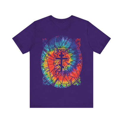 Show your faith in style with the Jesus Freak Tie-Dyed Stained Glass Window Tee, featuring an Orthodox cross and retro 70s Jesus Movement vibes—a perfect unisex shirt for hippie Christians and Jesus People enthusiasts.