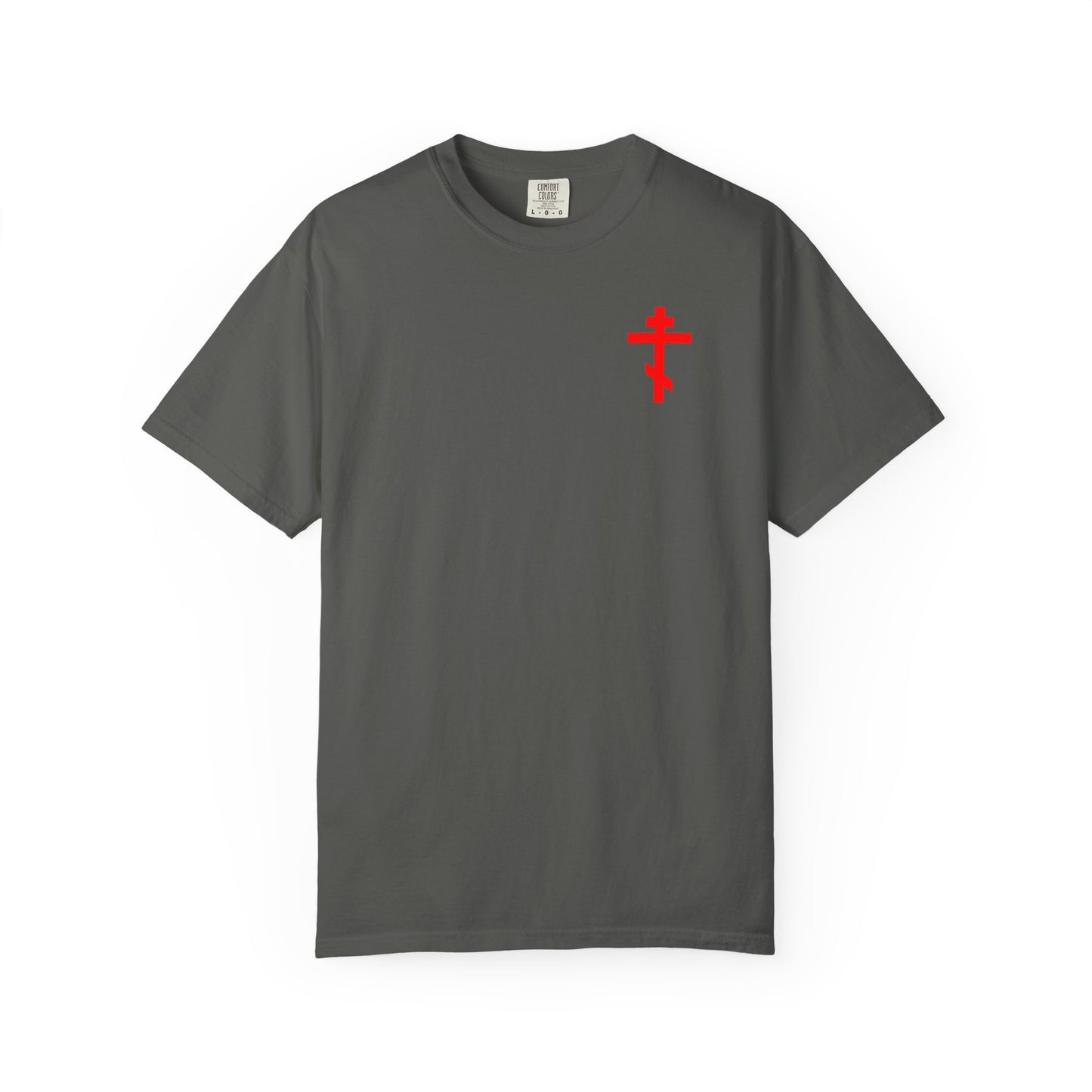 Pepper-colored "Always Live In Remembrance of Death" Orthodox heavyweight cotton unisex tee, featuring a small red cross on the front left breast and inspired by St. John Climacus's teachings on the remembrance of death.