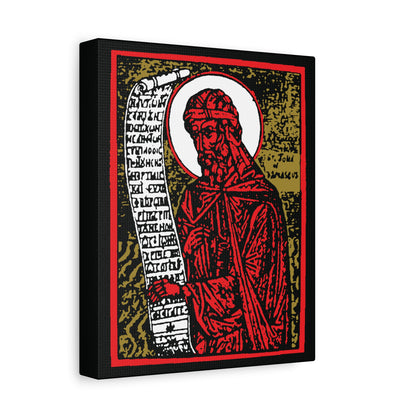St. John of Damascus Icono-Graphic: Orthodox Christian saint depicted in a bold red, gold, and black high-contrast canvas art design, featuring a bearded man with halo holding a scroll—perfect for religious decor.