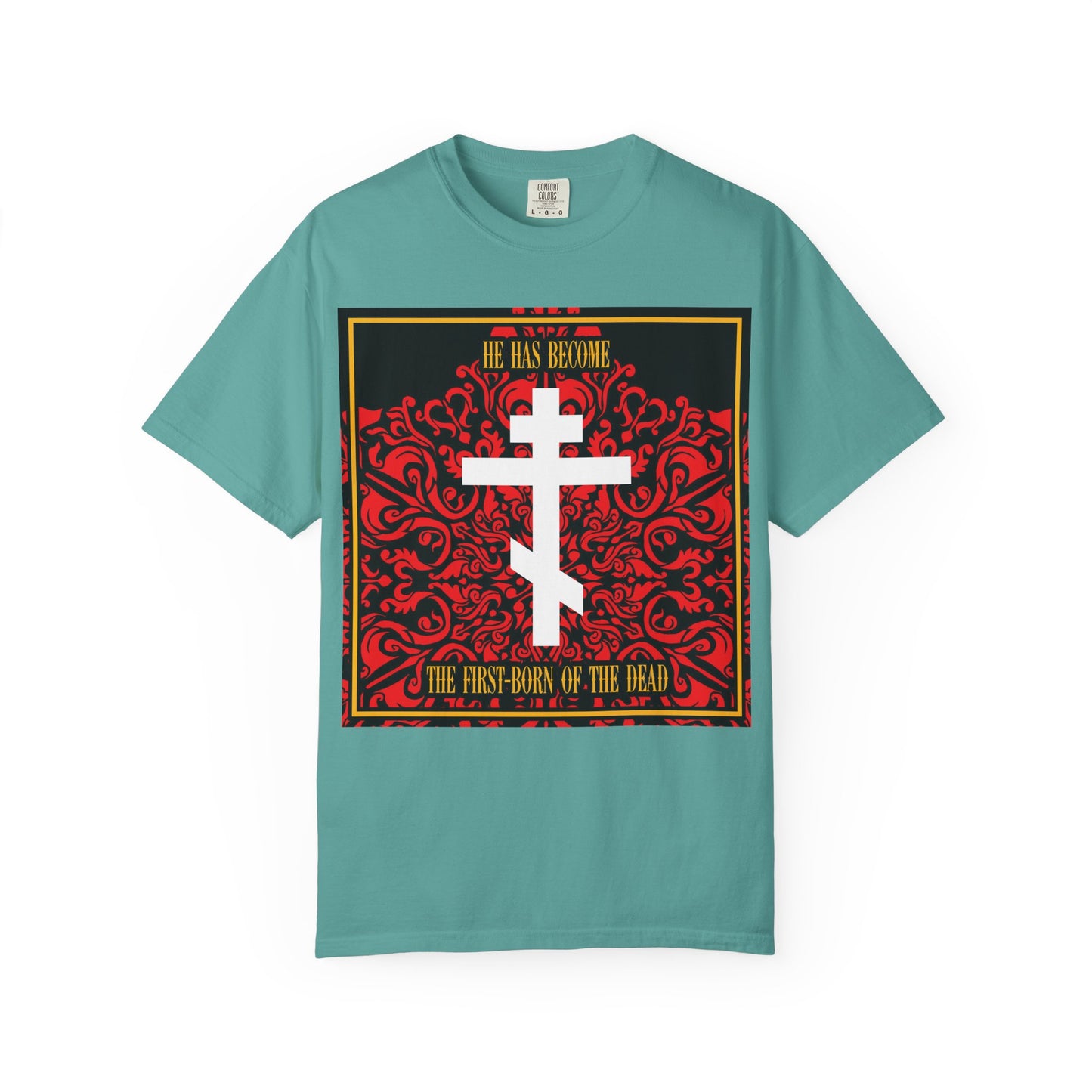 Celebrate enduring faith with the "He Has Become the First-Born of the Dead" heavyweight cotton unisex tee. This seafoam Christian t-shirt features a white Orthodox cross set over rich red floral textures, along with the inspiring verse: “He has become the first-born of the dead.” Perfect for daily wear or as a thoughtful gift, this shirt blends striking design with meaningful scripture.