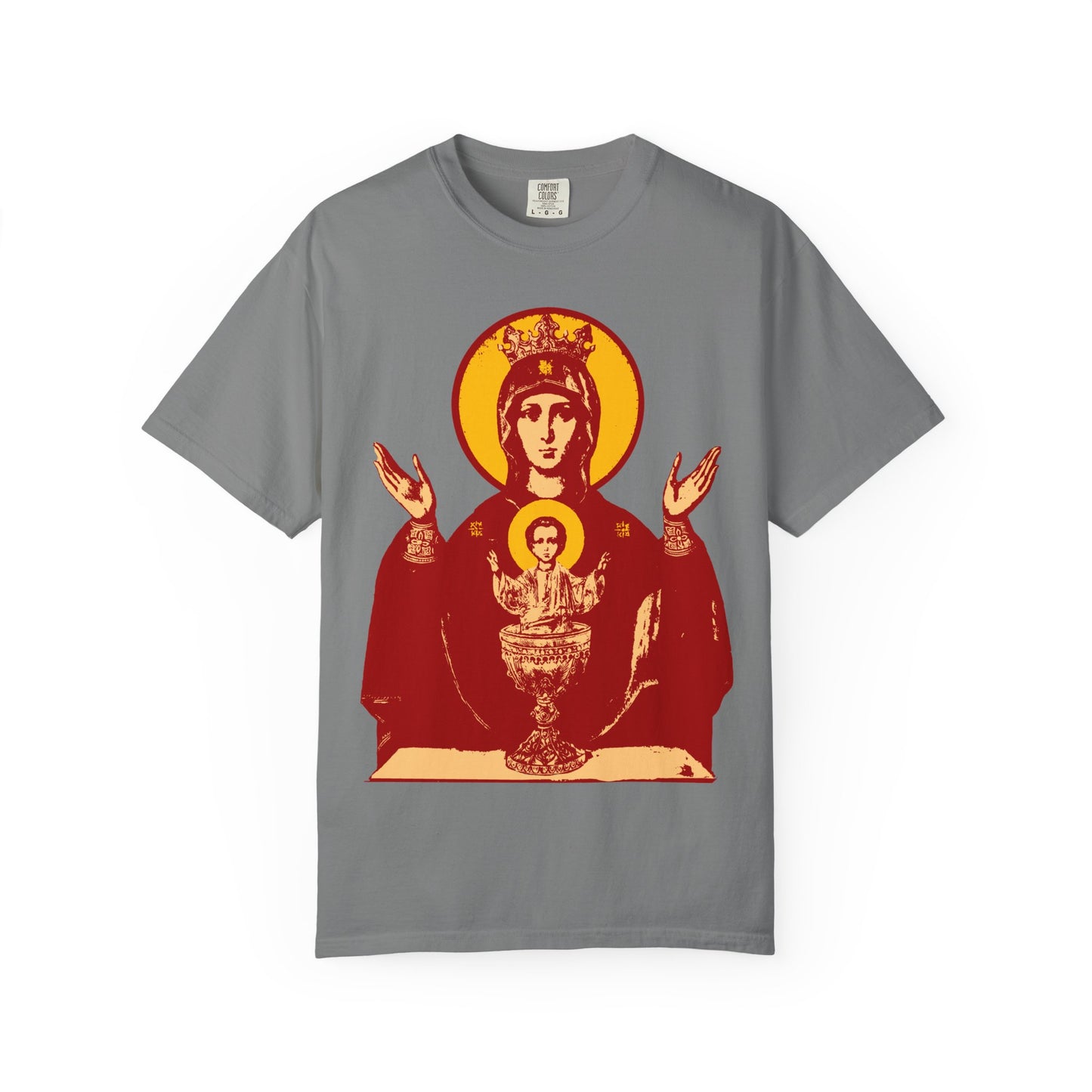 Grey heavyweight cotton unisex t-shirt featuring the Holy Theotokos IconoGraphic of the Inexhaustible Chalice, depicting the Madonna and Child with halos holding a chalice, inspired by the Deliverer from Addictions icon.