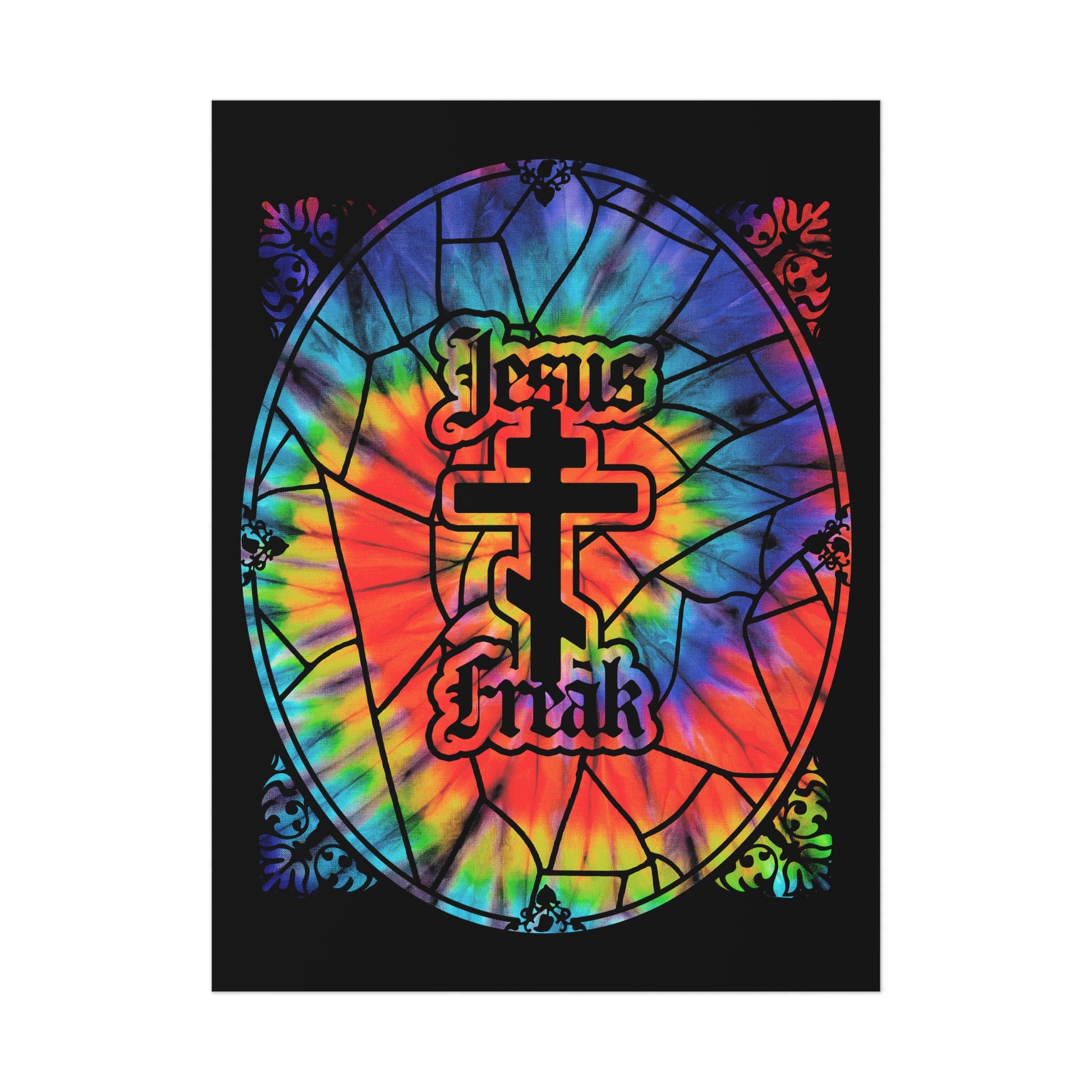 The "Jesus Freak" poster features a tie-dyed stained glass window design with an Orthodox cross, inspired by the vibrant 70s Jesus Movement and perfect for Christian art lovers.