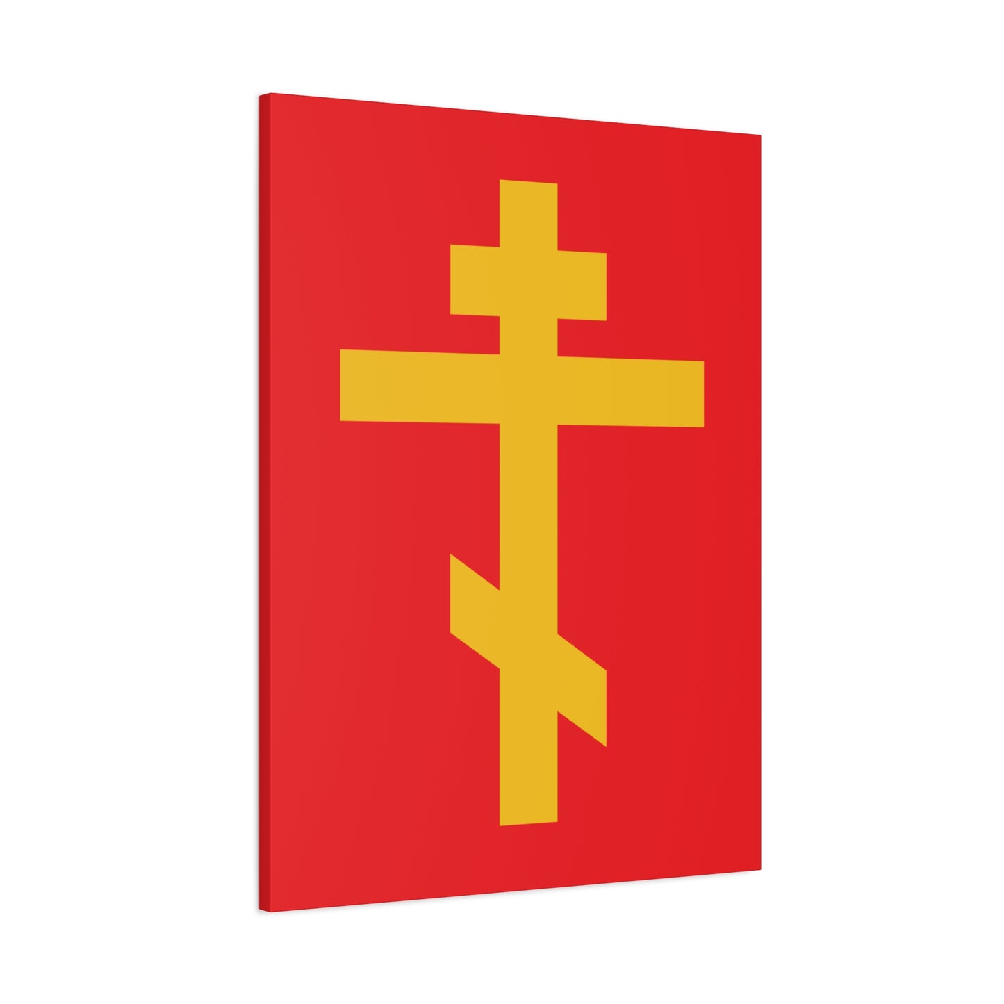 The "Yellow Orthodox Cross Red Background" canvas art symbolizes being Crucified with Christ, serving as a precious and life-giving weapon of unseen warfare and a scourge of demons.