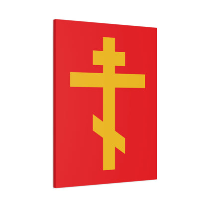 The "Yellow Orthodox Cross Red Background" canvas art symbolizes being Crucified with Christ, serving as a precious and life-giving weapon of unseen warfare and a scourge of demons.