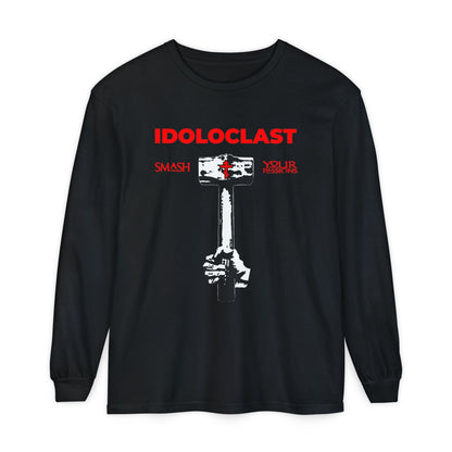 Black long-sleeve Idoloclast Idol-Smasher shirt featuring Jesus’ fist with sledgehammer and bold “Smash Your Passions” text—promoting Christian asceticism and Orthodox faith.