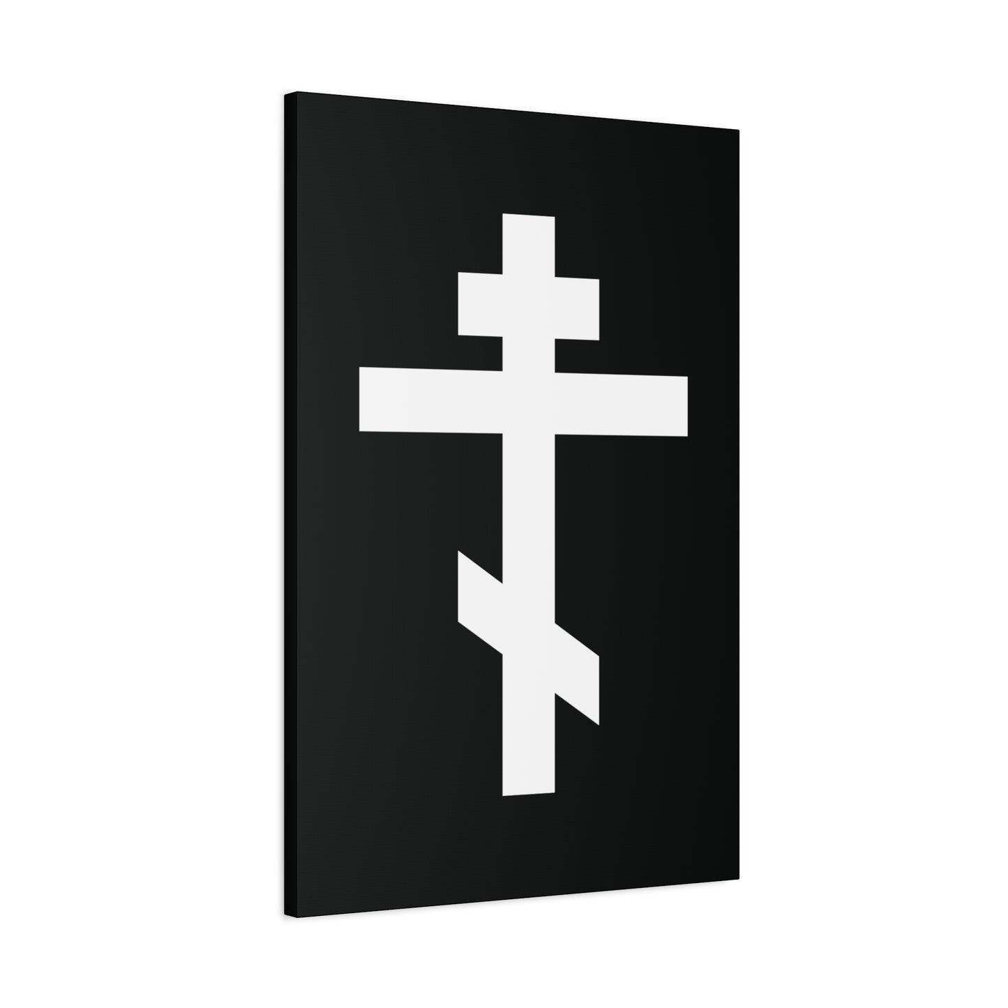 The White Orthodox Cross features three bars symbolizing Christ, set on a black background. Includes Gal 6:14: "May I never boast, except in the cross of our Lord Jesus Christ." Orthodox Canvas Art.