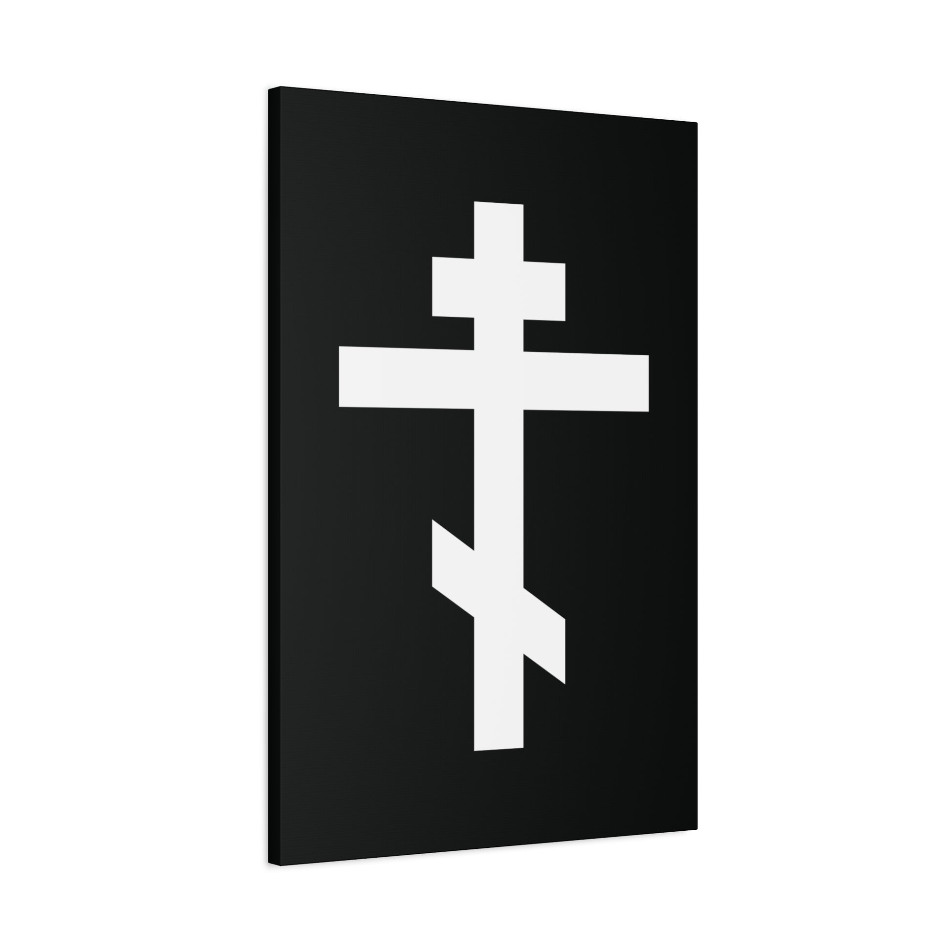 The White Orthodox Cross features three bars symbolizing Christ, set on a black background. Includes Gal 6:14: "May I never boast, except in the cross of our Lord Jesus Christ." Orthodox Canvas Art.