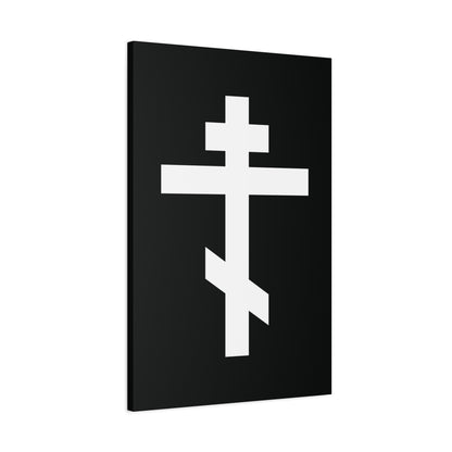 The White Orthodox Cross features three bars symbolizing Christ, set on a black background. Includes Gal 6:14: "May I never boast, except in the cross of our Lord Jesus Christ." Orthodox Canvas Art.