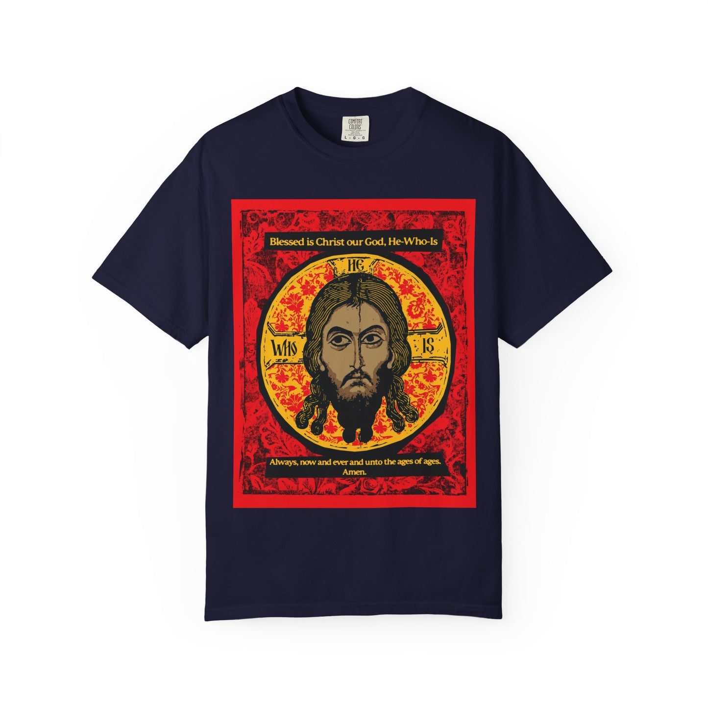 True Navy heavyweight cotton unisex T-shirt featuring a Mandylion (Image of Edessa) icon of Jesus Christ with Orthodox hymn-inspired text, celebrating Christ veneration in a bold graphic design.