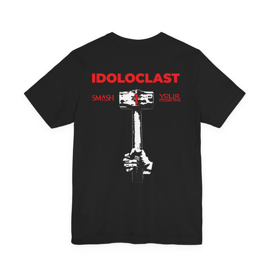 Idoloclast Idol Smasher Hammer BACK w/ Red Cross on Front Left Breast | Jesus NIKA Fist Holding Hammer | Orthodox Christian Cotton T-Shirt