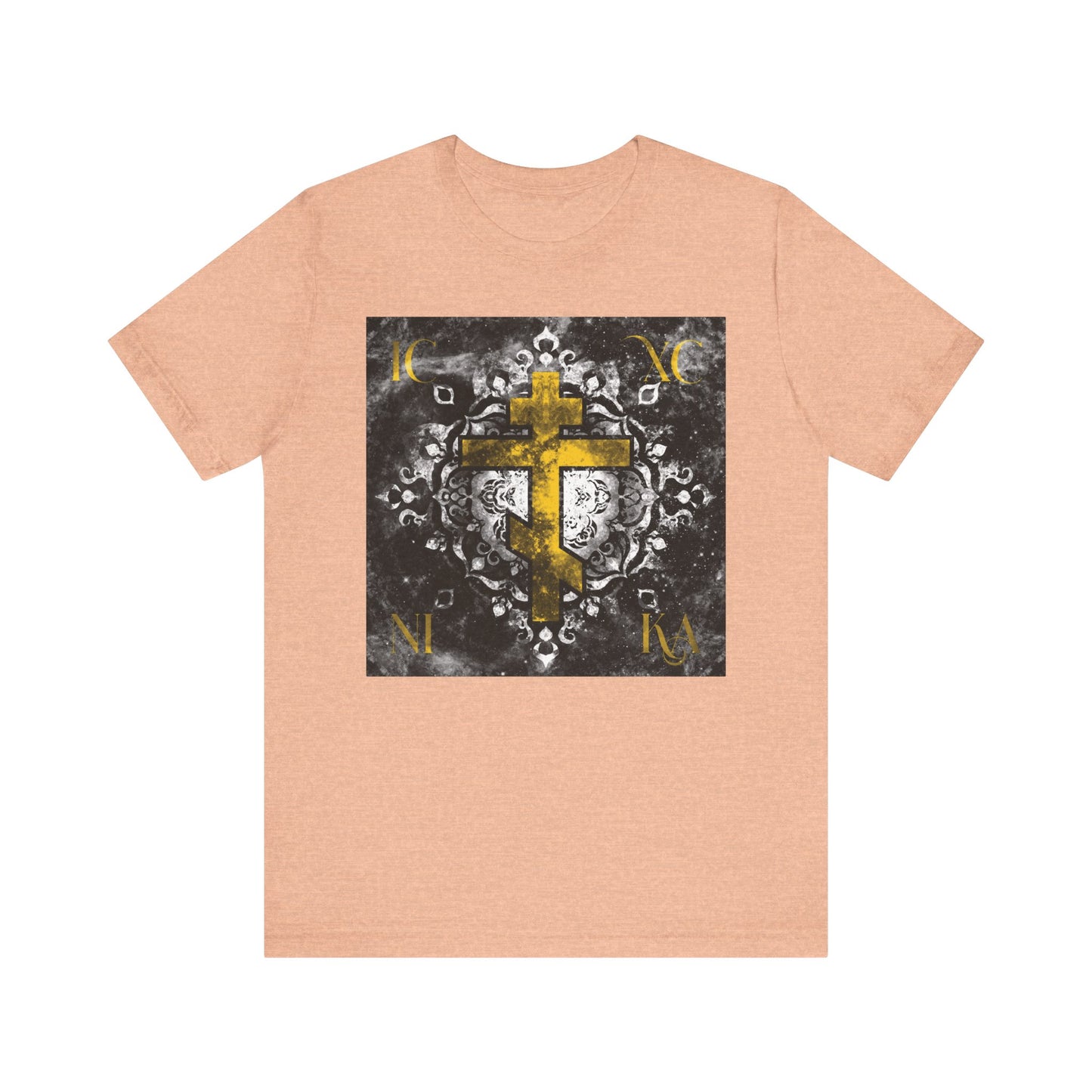 Gold ICXC NIKA Orthodox cross t-shirt featuring a grayscale ornate floral texture background, inspired by the reverence of Wednesday Matins and reflecting on the depth of Jesus’ passion—a lightweight cotton unisex tee for Orthodox Christians.