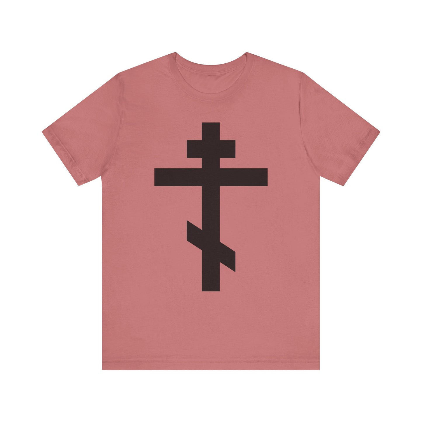 Mauve unisex tee featuring a large black Orthodox cross and the message, "He bore our sins on the cross so that we might die to sin & live to righteousness." Lightweight cotton inspired by St. John Chrysostom’s teachings.