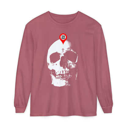 Crimson long-sleeve shirt featuring a skull with a map marker on the forehead and "You Will Be Here"—a stylish memento mori inspired by Orthodox tradition.