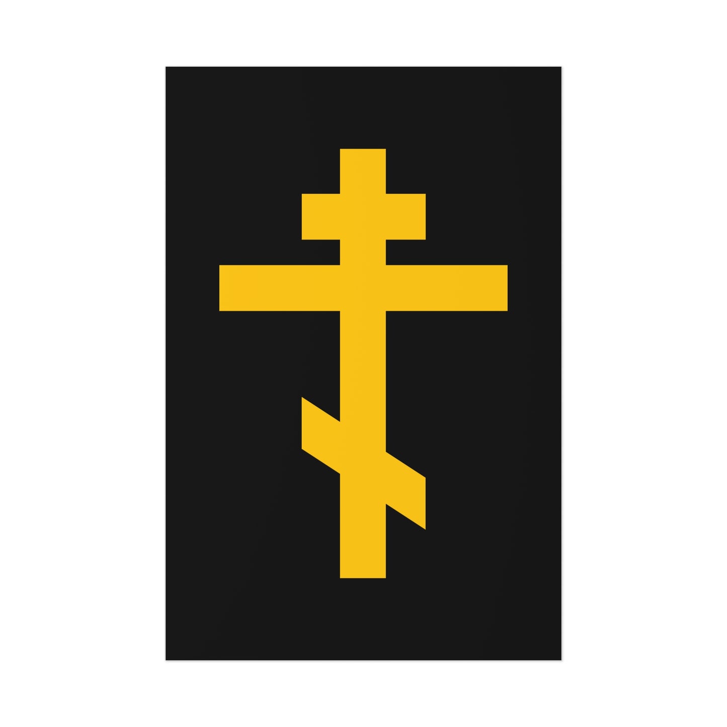 The "Yellow Orthodox Cross Black Background" poster features a yellow cross on black, symbolizing the precious, life-giving weapon of unseen warfare and scourge of demons—Orthodox art inspired by deep faith.