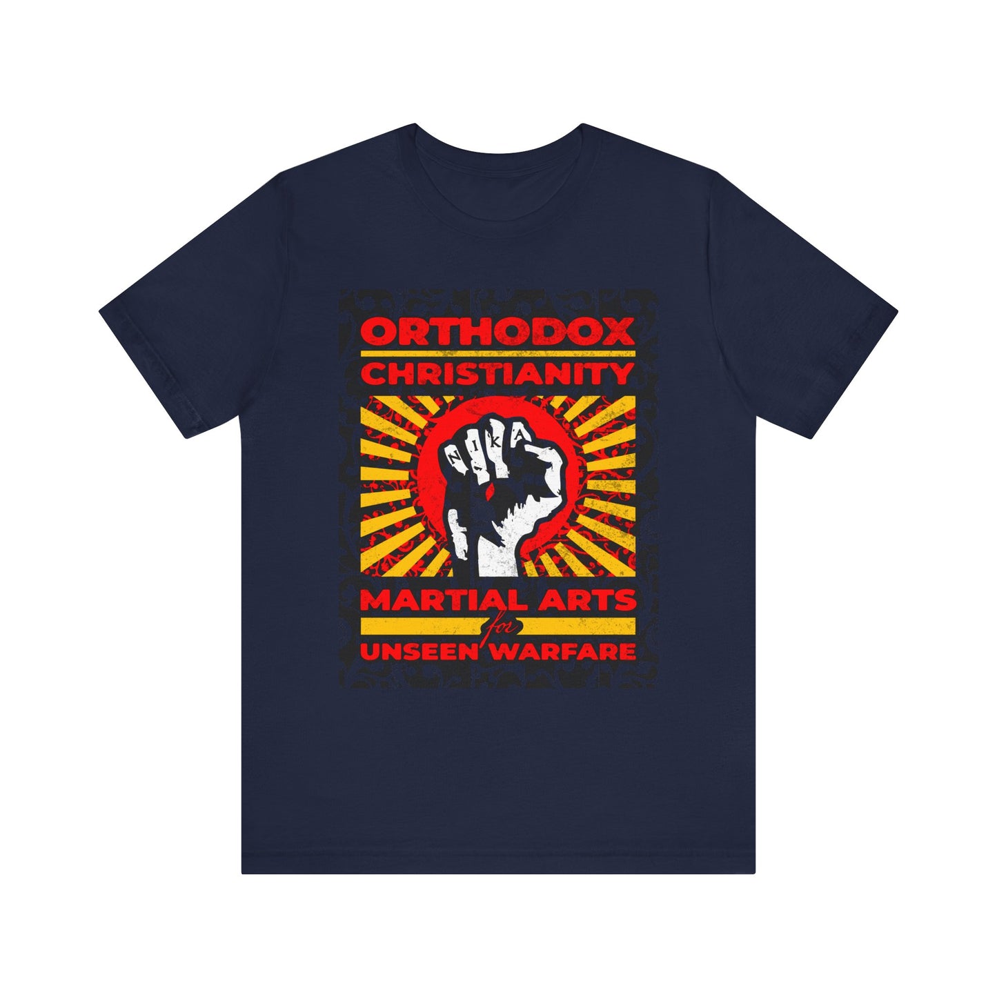 Navy lightweight cotton unisex tee featuring the NIKA Jesus Fist on a colorful sunburst, with the text: Orthodox Christianity: Martial Arts for Unseen Warfare—a tribute to spiritual struggle and the pursuit of Christian virtue.