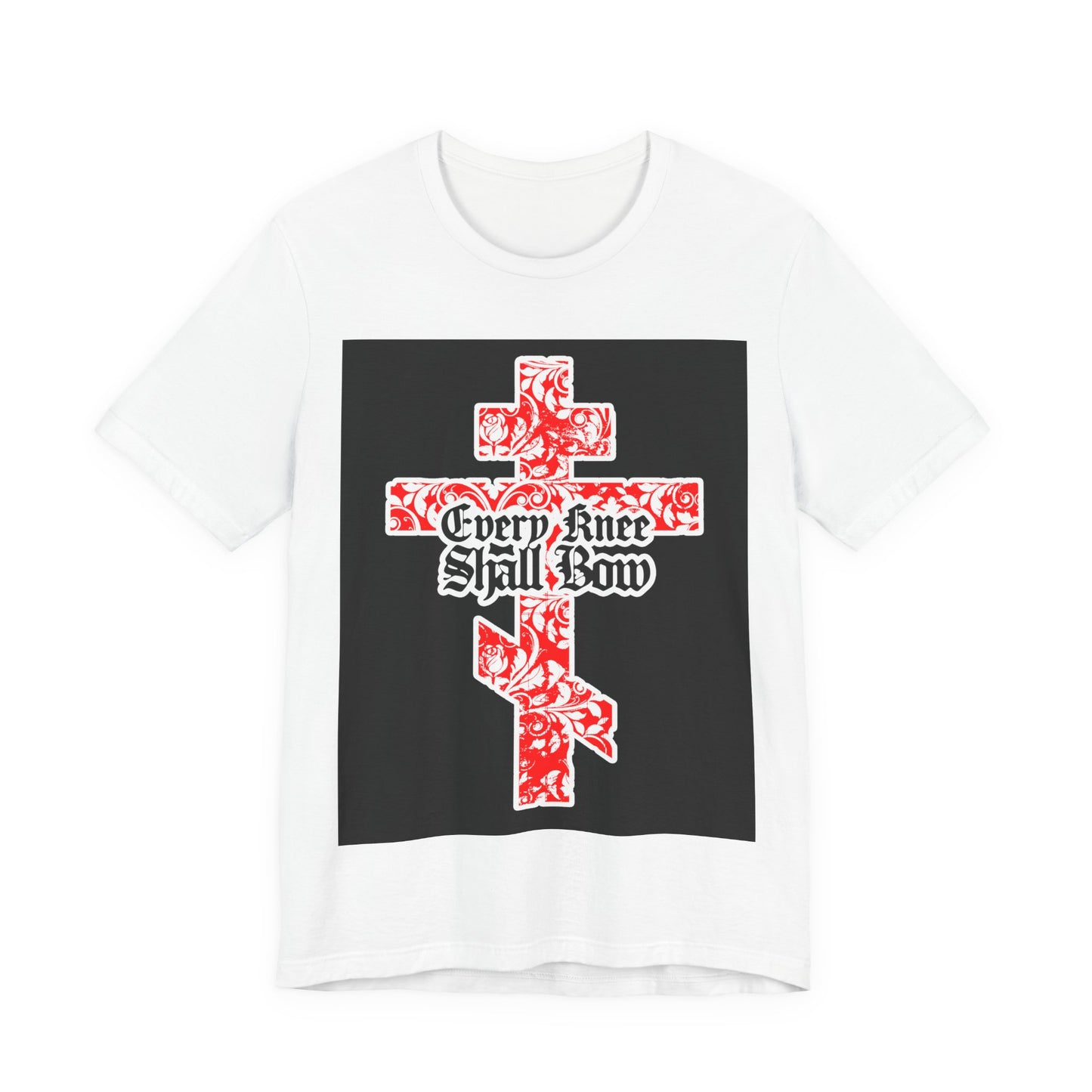 White unisex tee with a gold and red floral Orthodox cross, gothic “Every Knee Shall Bow” text, inspired by Isaiah 45:22-24 & Philippians 2:7-11. Christian design for faith and style.