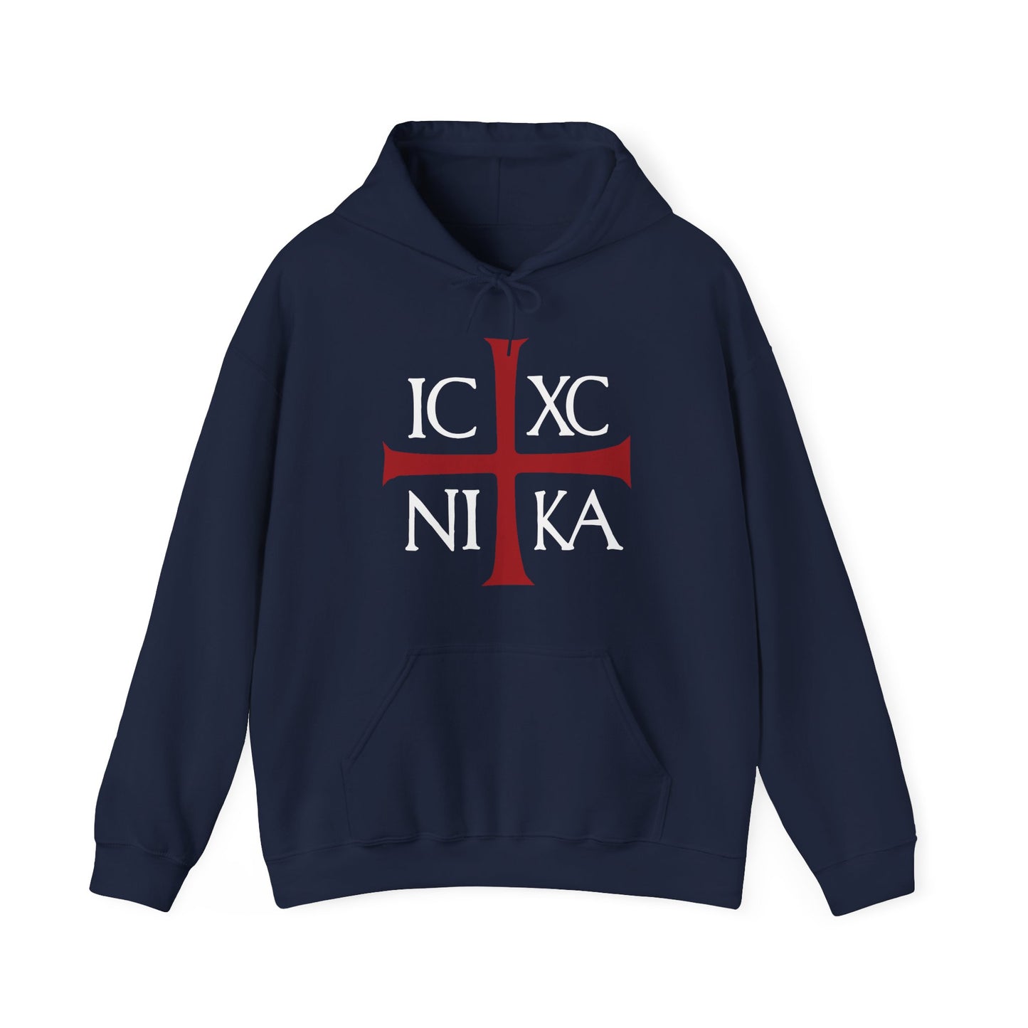 Navy ICXC NIKA hoodie features a red Orthodox cross and white ancient Byzantine Christogram, symbolizing "Jesus Christ Conquers." A cotton/poly Orthodox Christian hoodie celebrating faith and strength.
