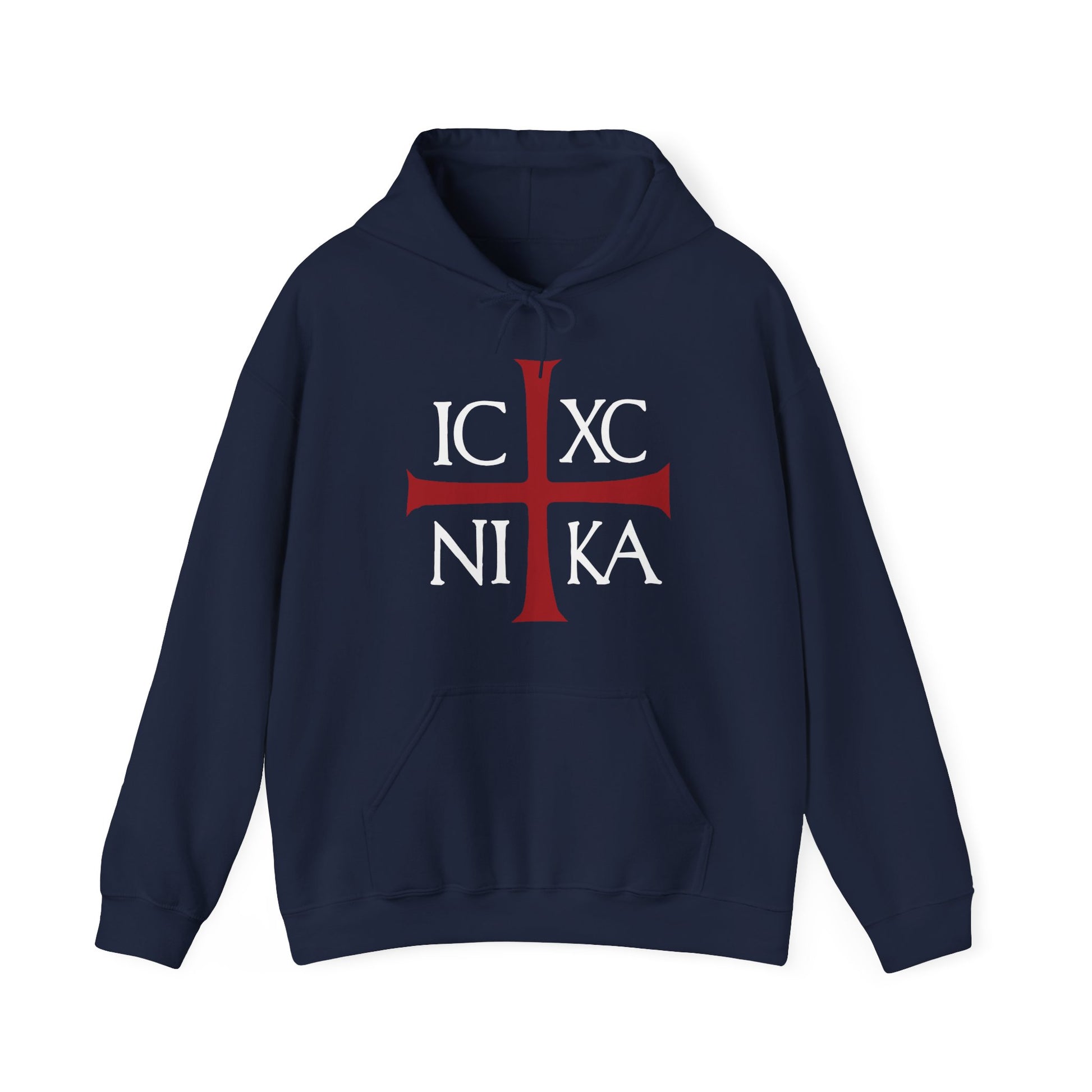 Navy ICXC NIKA hoodie features a red Orthodox cross and white ancient Byzantine Christogram, symbolizing "Jesus Christ Conquers." A cotton/poly Orthodox Christian hoodie celebrating faith and strength.
