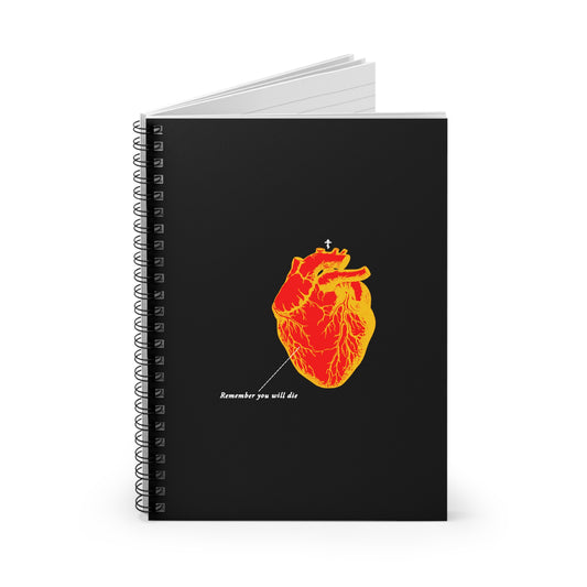 The "Remember You Will Die" spiral notebook features a retro medical textbook heart design in inverted red and orange—a striking memento mori and Christian reminder of mortality.