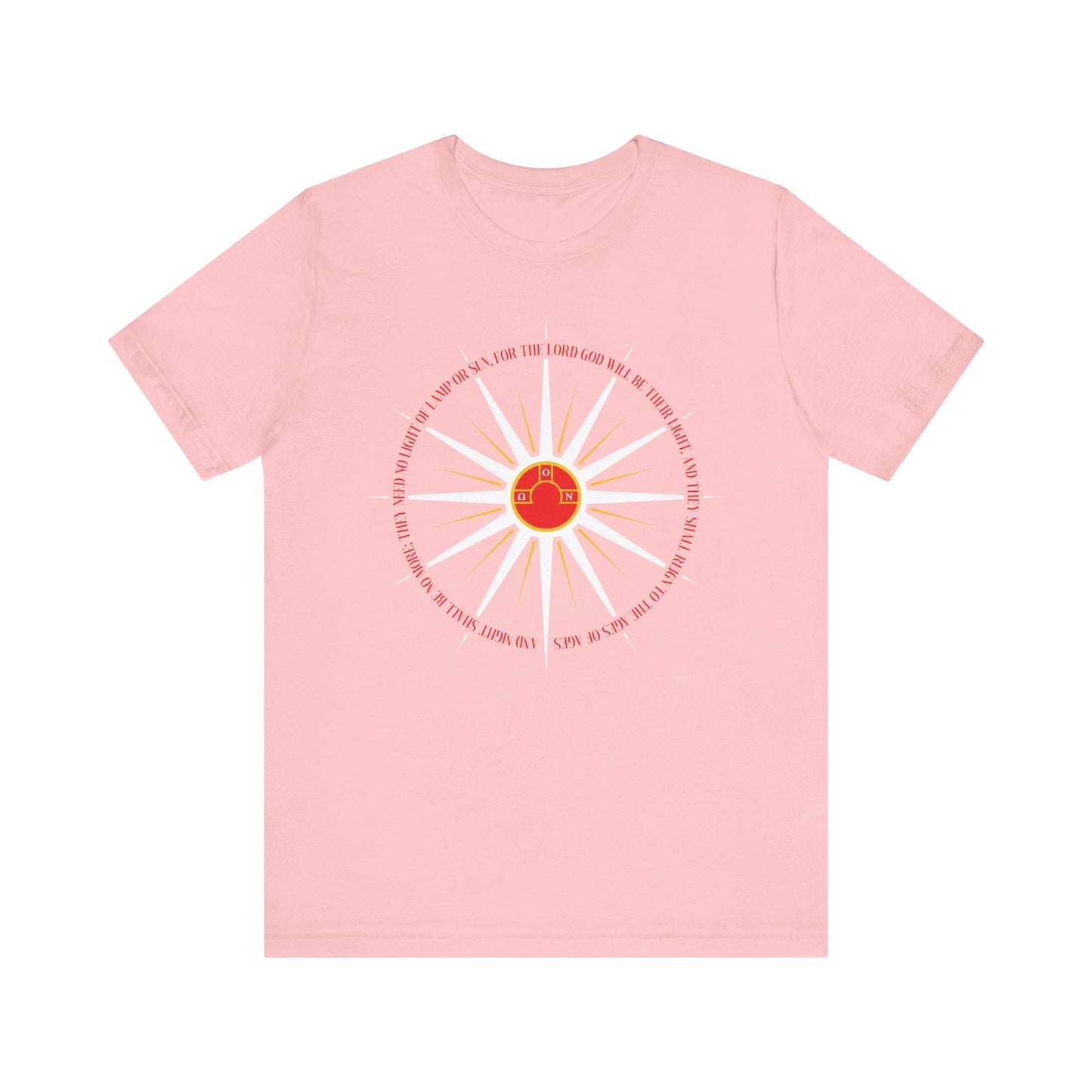 Pink "And Night Shall Be No More" Orthodox Christian t-shirt featuring blazing sun rays and encircled text with a small red heart, referencing Rev. 22:5 and the Second Coming; lightweight cotton, apocalyptic design.