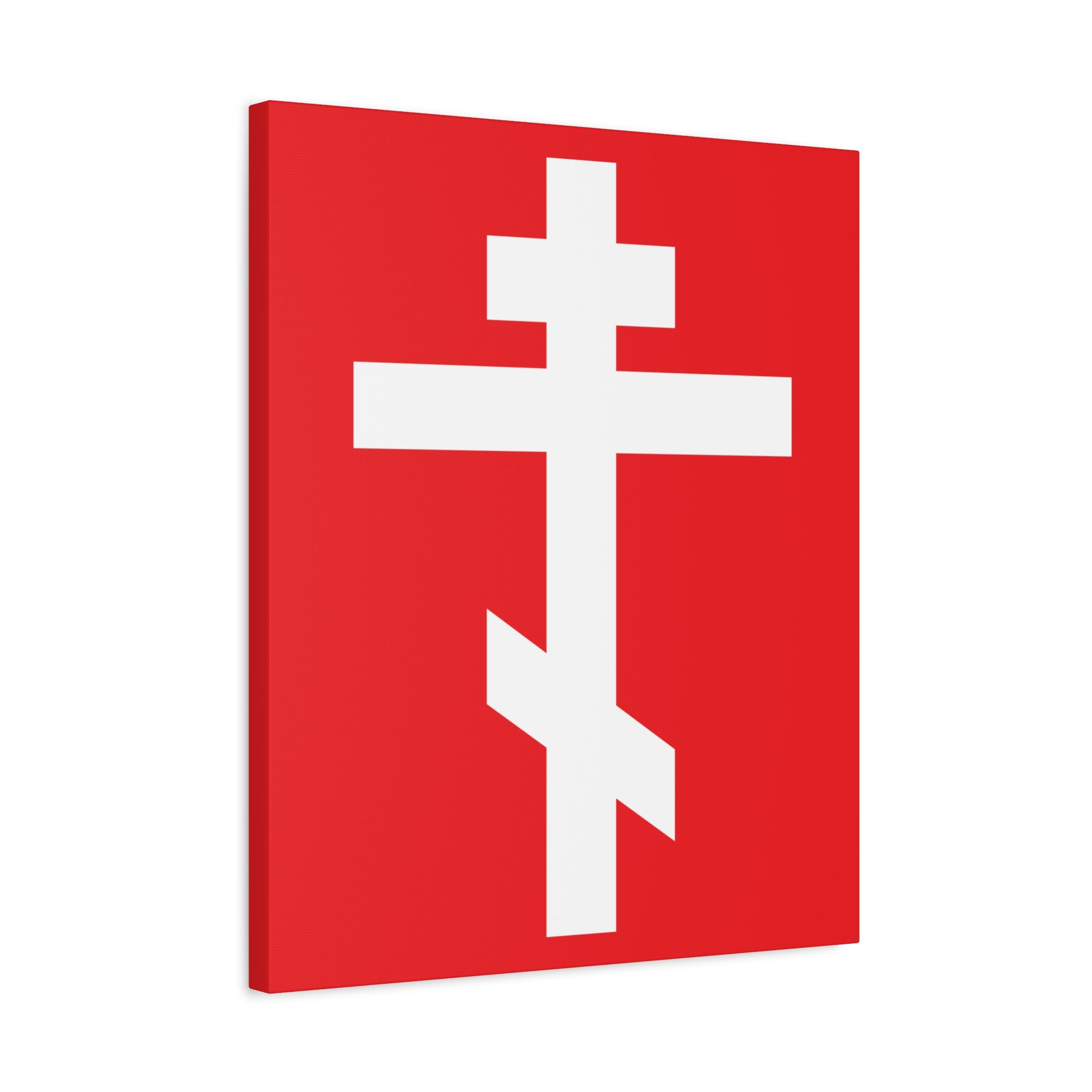 The "White Orthodox Cross Red Background" features a white Orthodox cross symbolizing salvation on red, with Galatians 6:14: “May I never boast, except in the cross of our Lord Jesus Christ” | Orthodox Canvas Art.